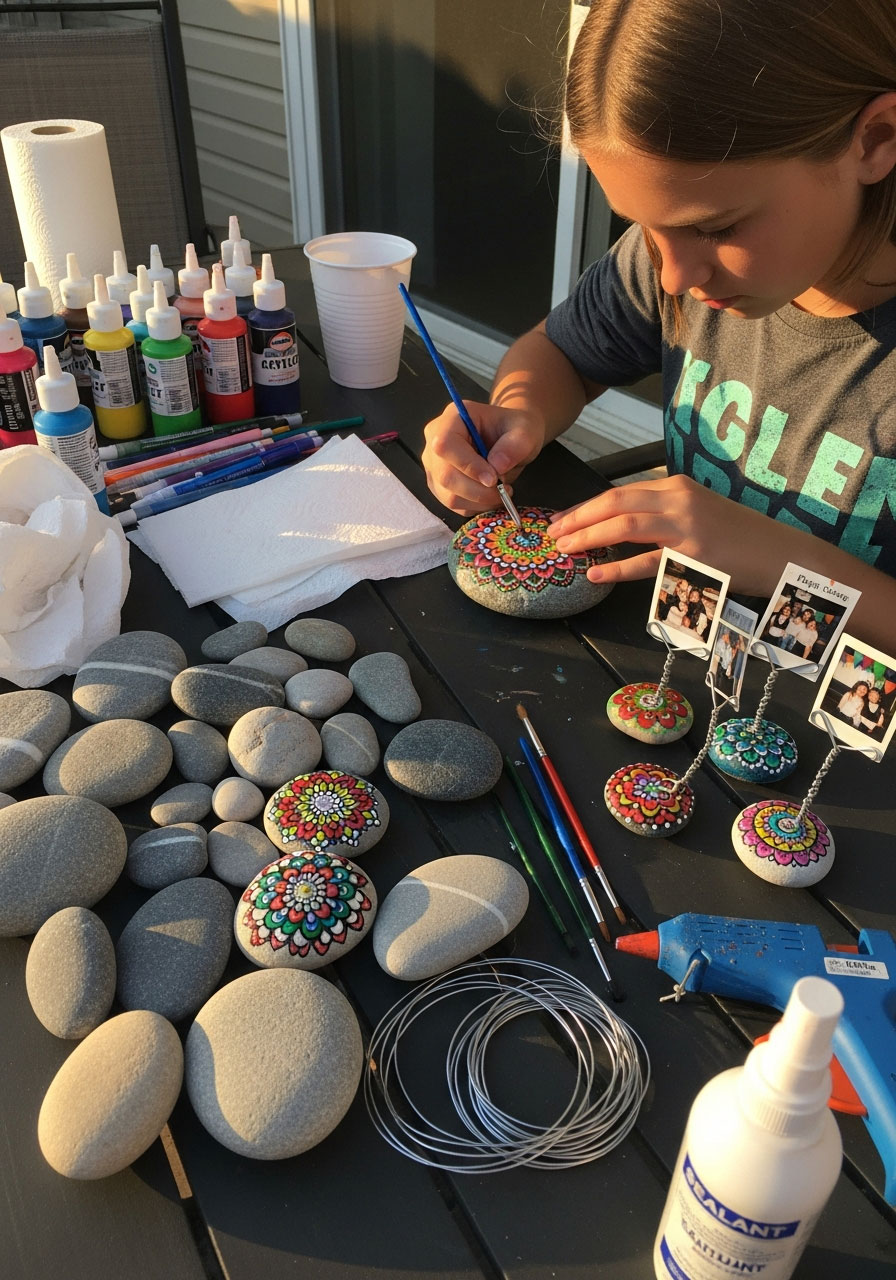 Tween painting decorative rock photo holder with mandala design at outdoor birthday party craft activity