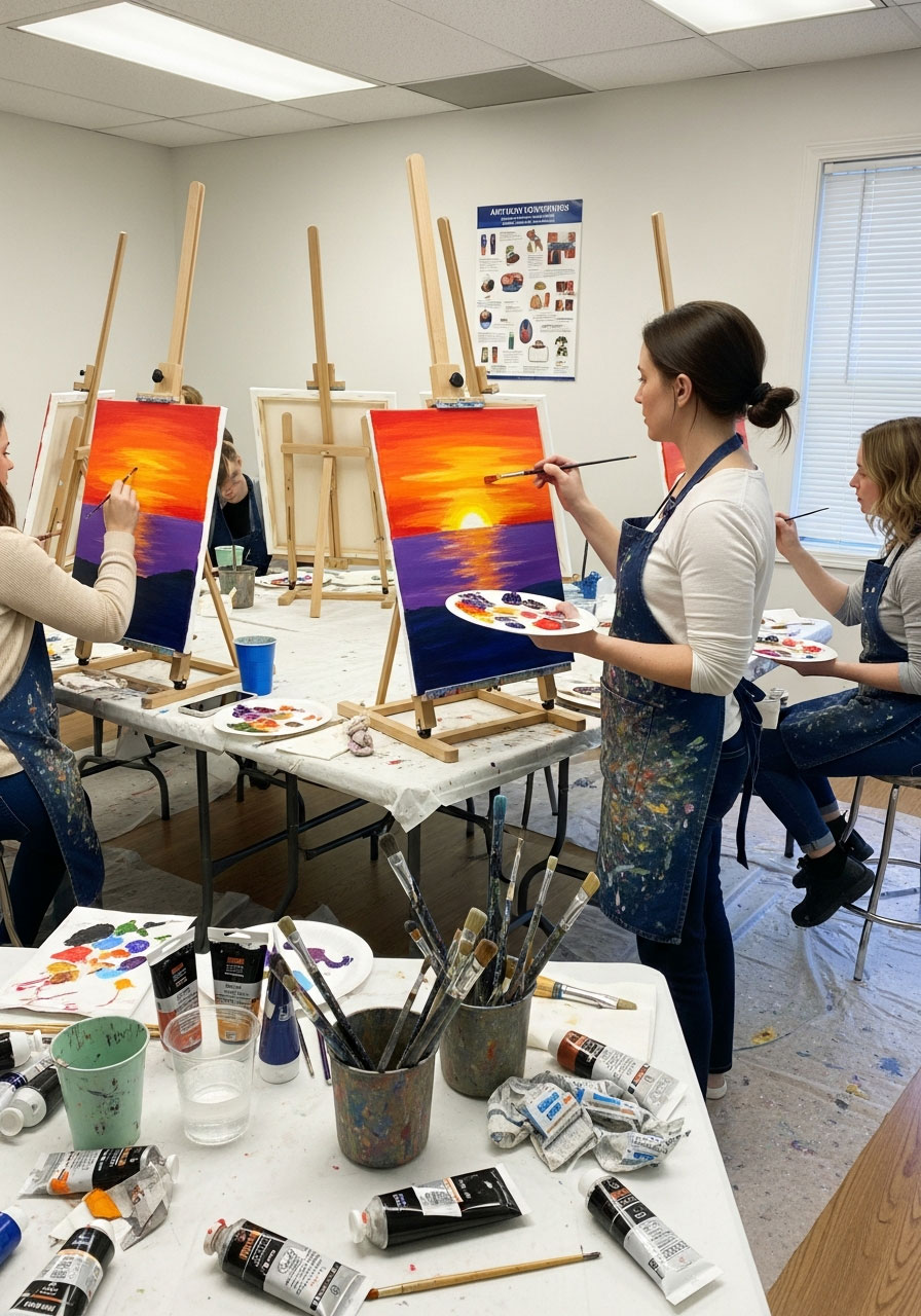 Friends painting on easels during birthday art class in bright studio with supplies