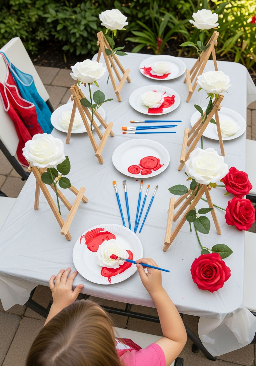 Painting the roses red craft activity with white artificial roses and red paint at Alice in Wonderland party