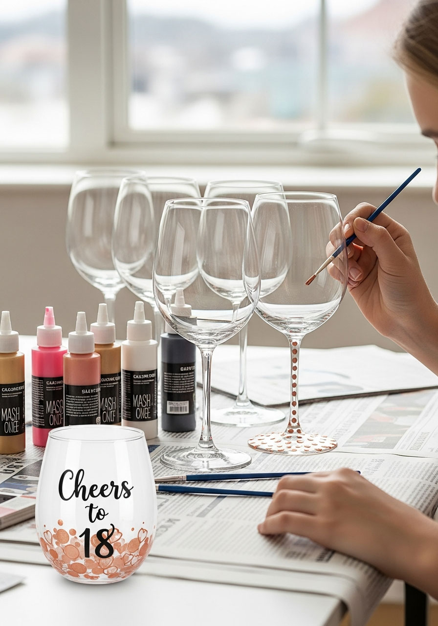 Painting custom wine glasses with acrylic paint as creative 18th birthday party activity