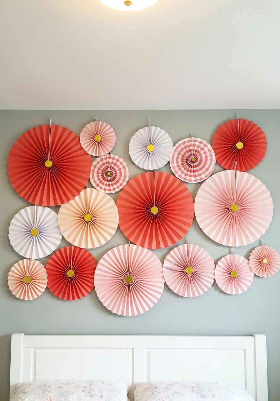 Coral and pink paper fan rosette wall backdrop in various sizes - DIY birthday party wall decoration for photos
