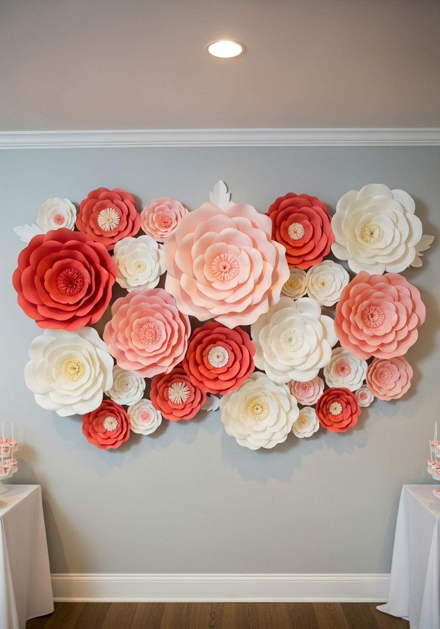 Stunning large paper flower backdrop wall in coral and blush tones - elegant DIY birthday party photo wall decoration