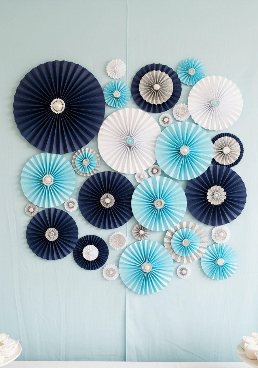 Navy and light blue paper rosette medallion backdrop in various sizes - DIY birthday party photo wall decoration