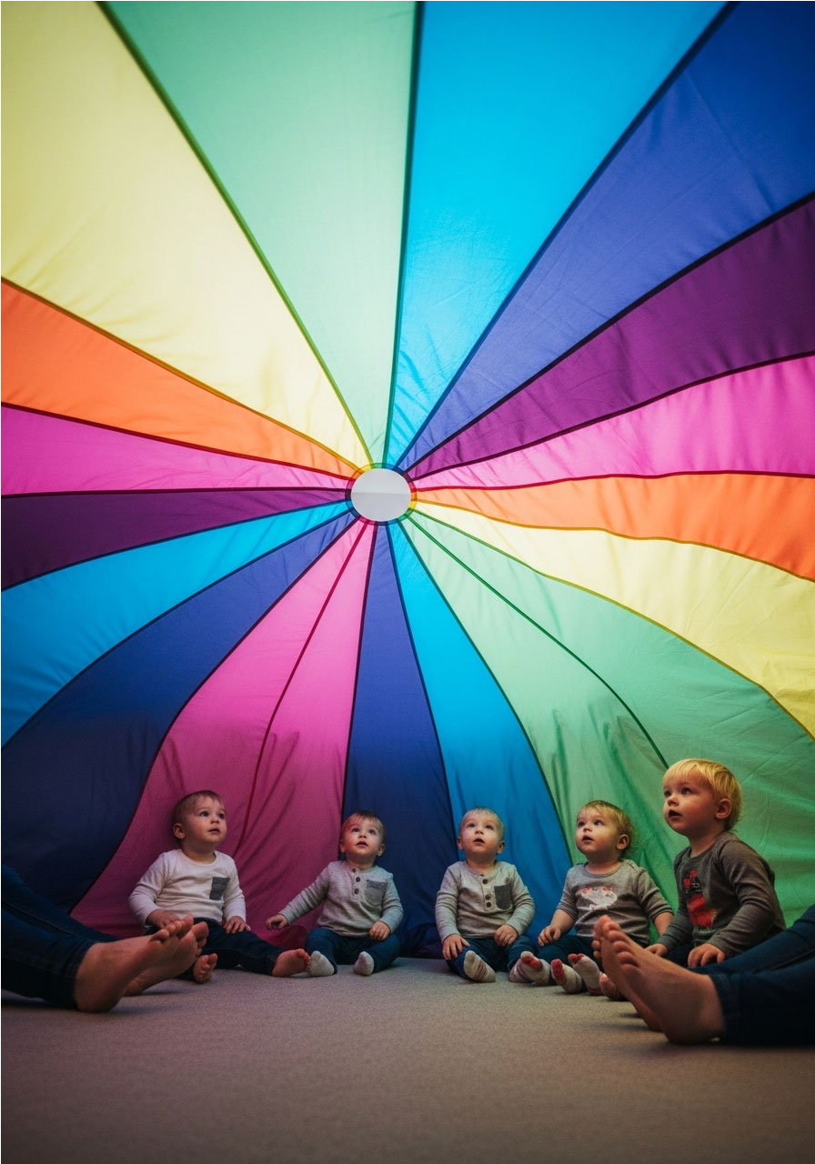 Toddlers sitting inside magical parachute house tent with colorful dome overhead at birthday party