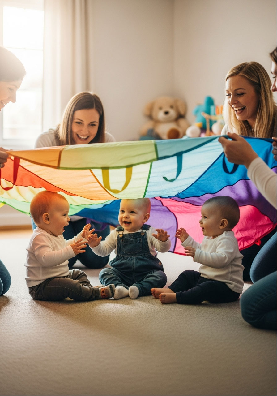 Young toddlers playing peek-a-boo under lifted parachute with adults at gentle birthday party game