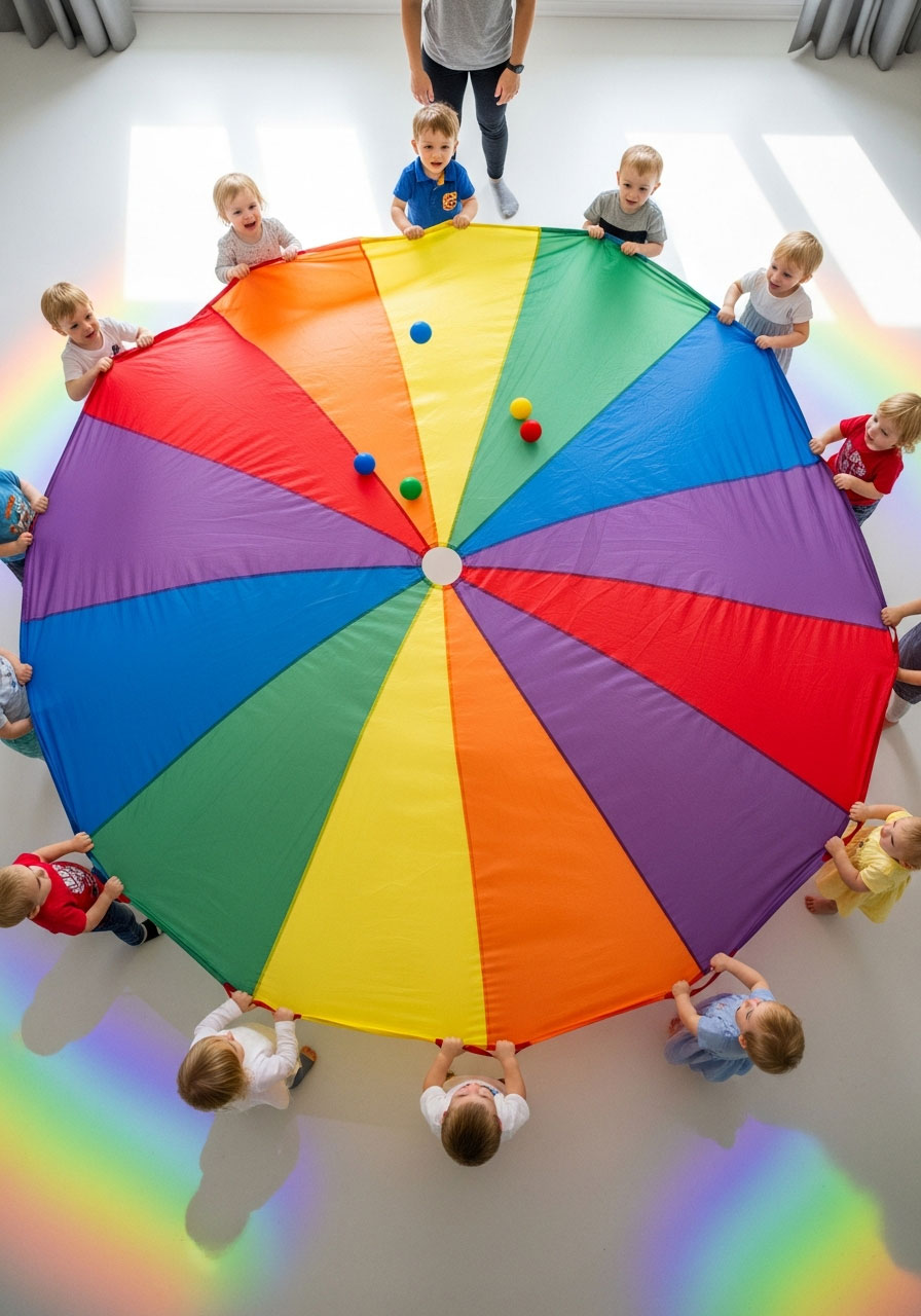 Toddlers holding rainbow parachute in circle during cooperative play at indoor birthday party