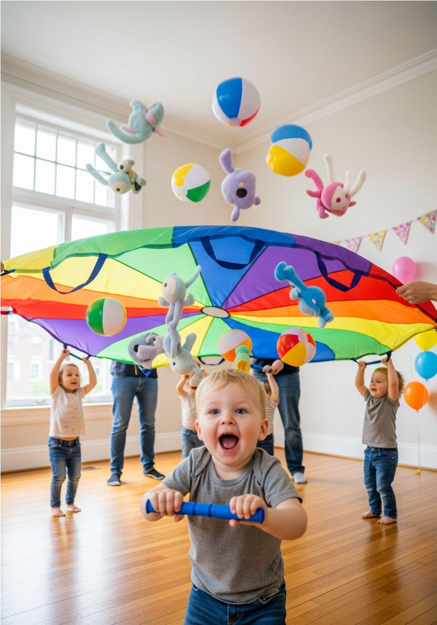Toddlers playing parachute popcorn game with balls bouncing high in the air at birthday party