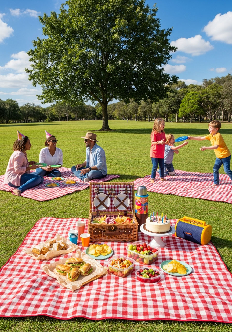 Park picnic birthday party with checkered blankets, picnic baskets, outdoor games, and families enjoying sunny day celebration