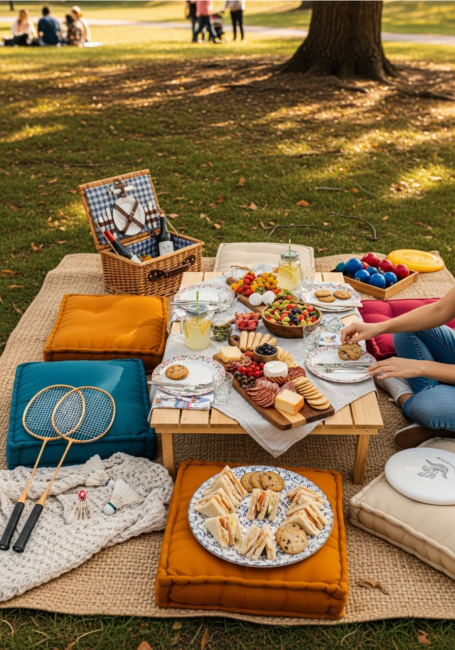 Park picnic birthday party with low picnic table, floor cushions, charcuterie spread, sandwiches, and lawn games on blanket with natural shade