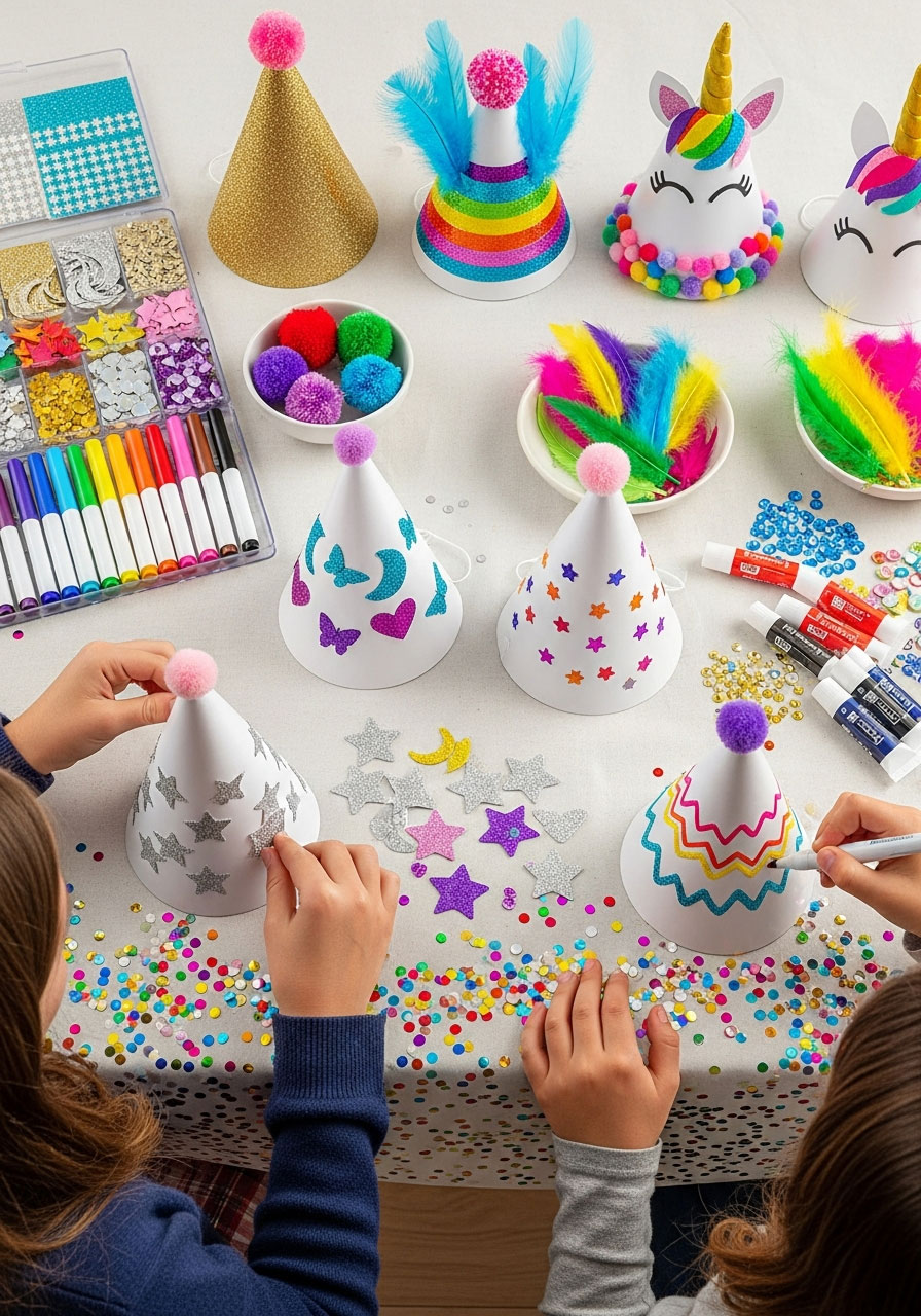 Children decorating plain party hats with glitter stickers, markers, and colorful embellishments