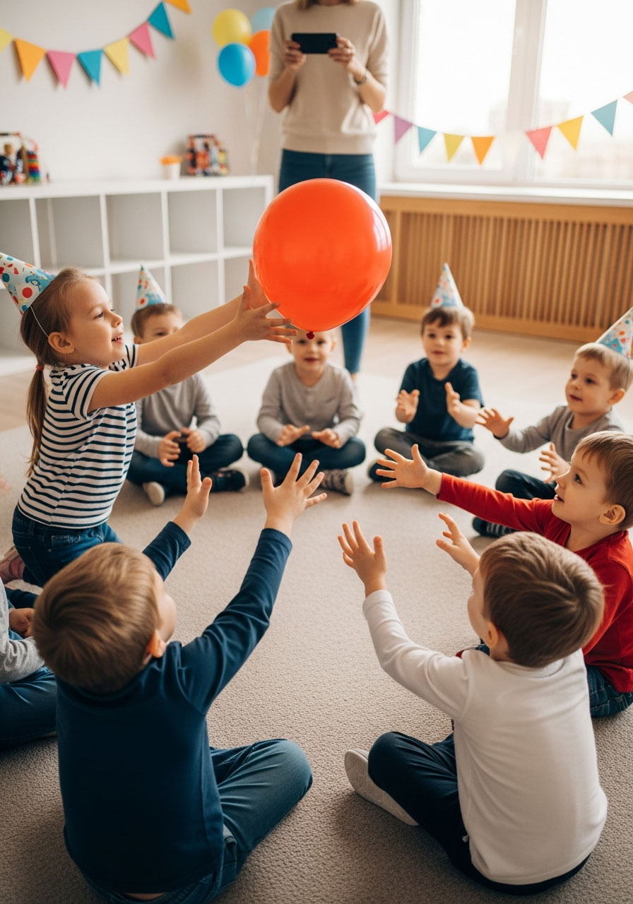 Toddlers sitting in circle passing red balloon during indoor birthday party game