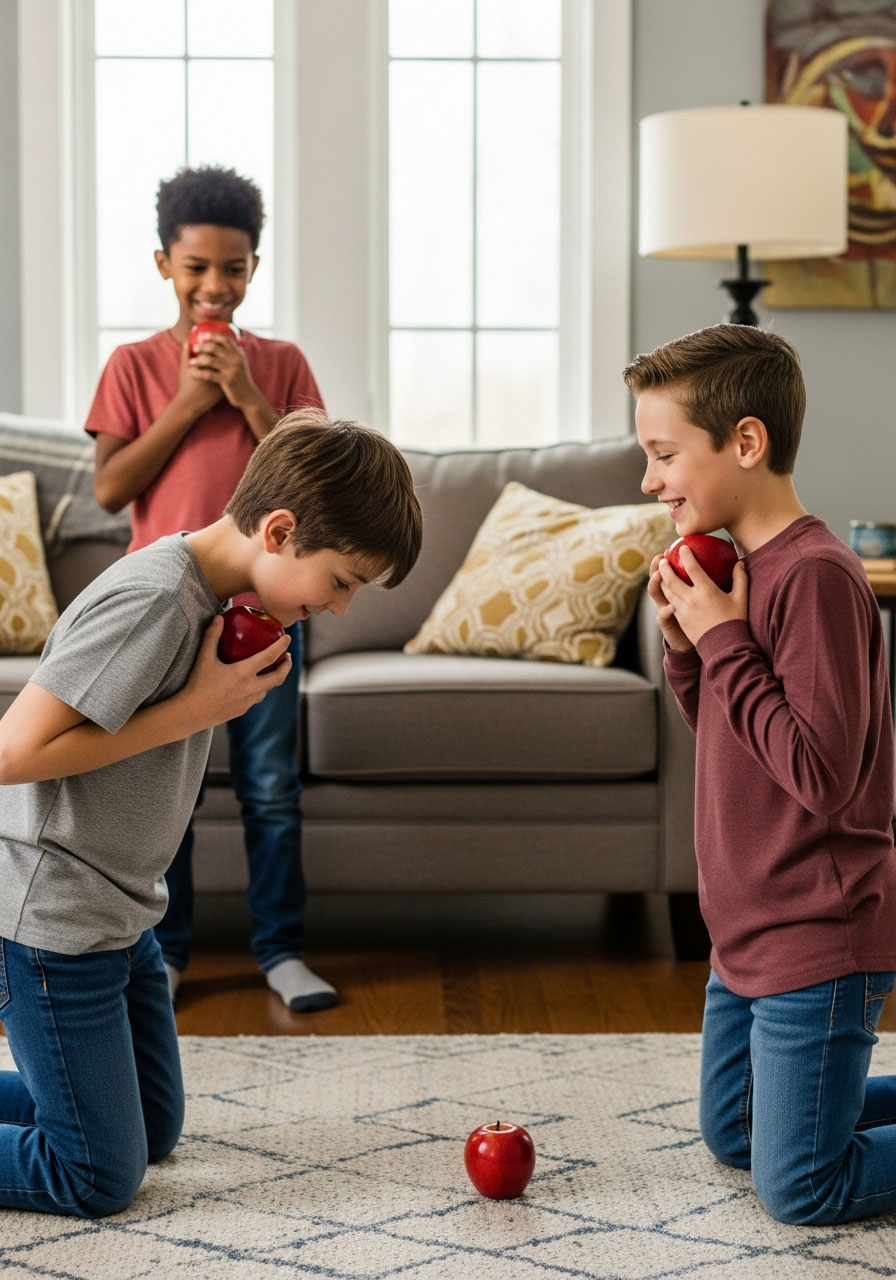 Two teams of children playing Pass the Fruit relay game transferring apple between players without hands at indoor birthday party