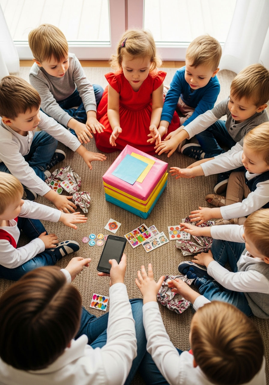 Toddlers sitting in circle playing pass the parcel game at indoor birthday party