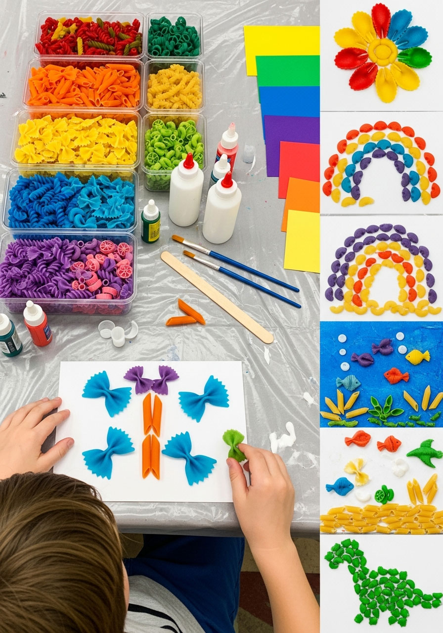 Boy creating butterfly pasta art with colorful dyed pasta pieces at organized birthday party craft station