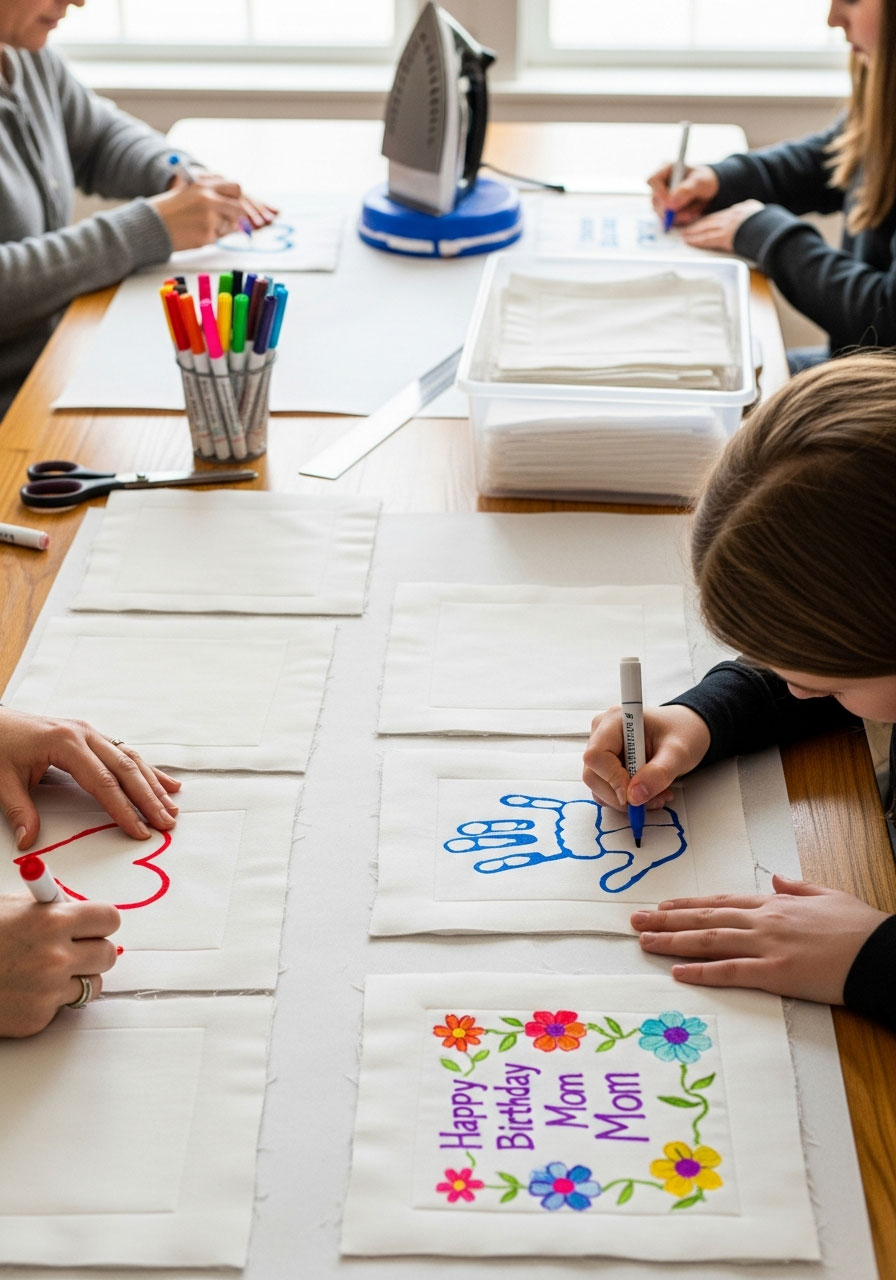 Hands decorating white fabric squares with fabric markers for collaborative birthday quilt project