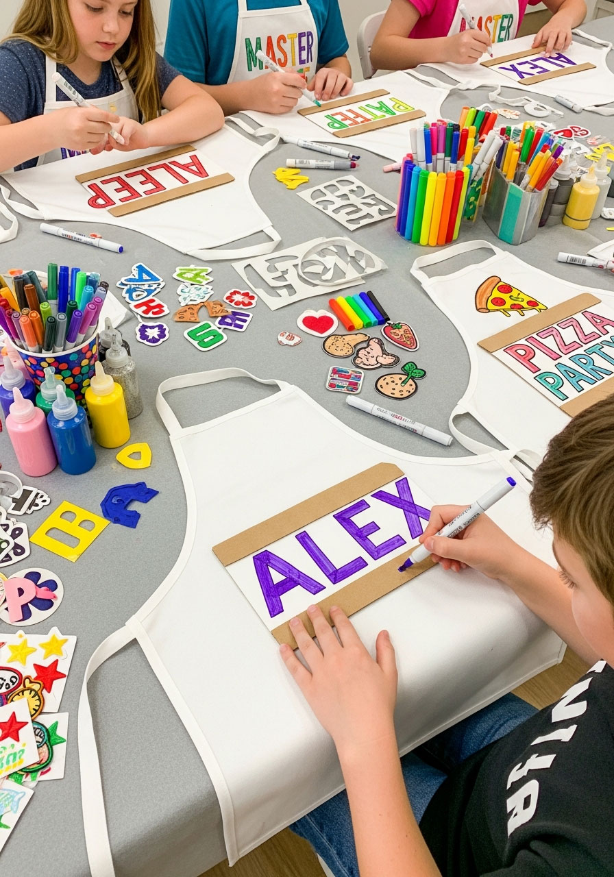 Children decorating white aprons with fabric markers and puffy paint as personalized party favors for baking party