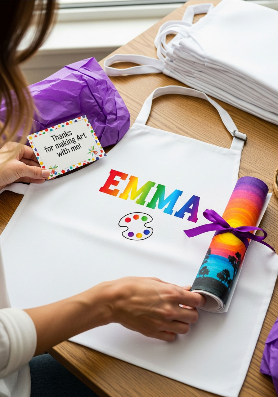 Personalized white art apron with child's name and painting as take-home birthday party favor gift