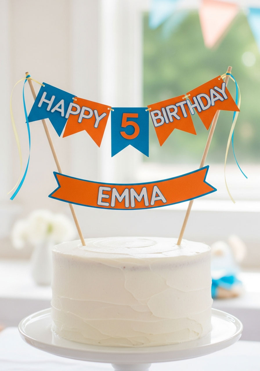 Personalized Bluey birthday cake topper bunting with age and name on blue and orange banner flags