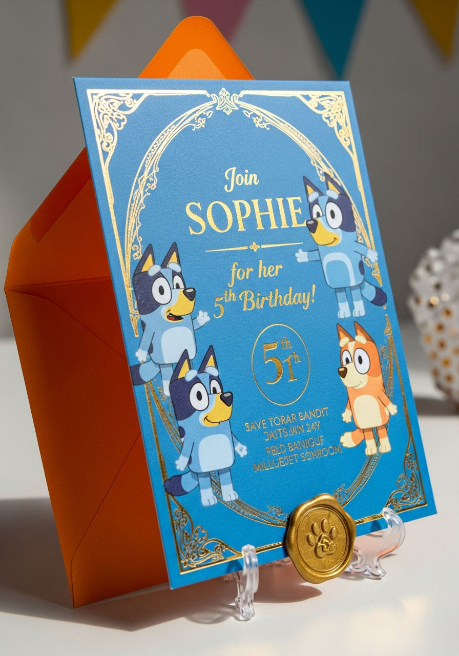 Personalized fancy Bluey birthday invitation featuring whole family with gold foil accents and custom name