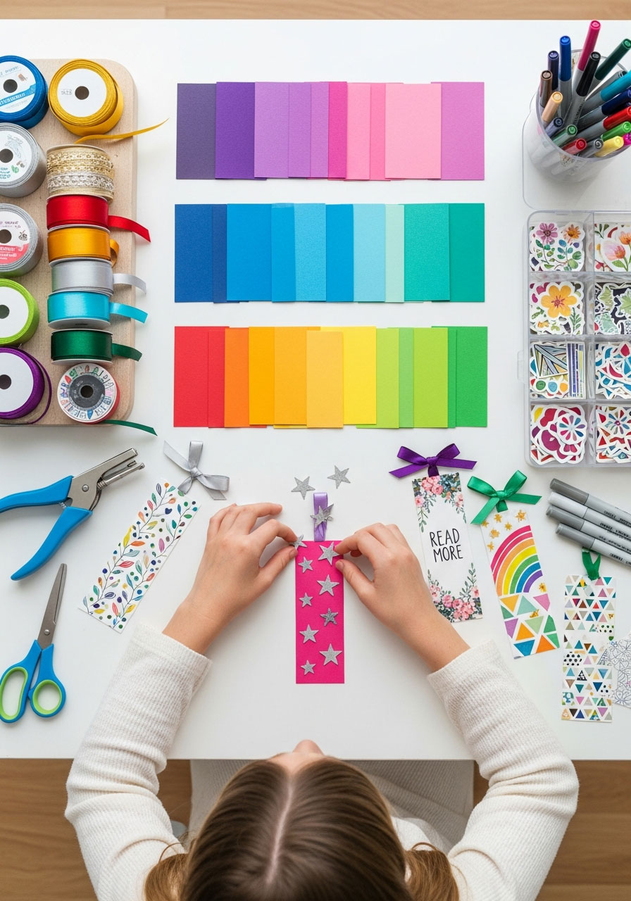 Overhead view of bookmark crafting station with colorful cardstock, ribbons, and decorative stickers
