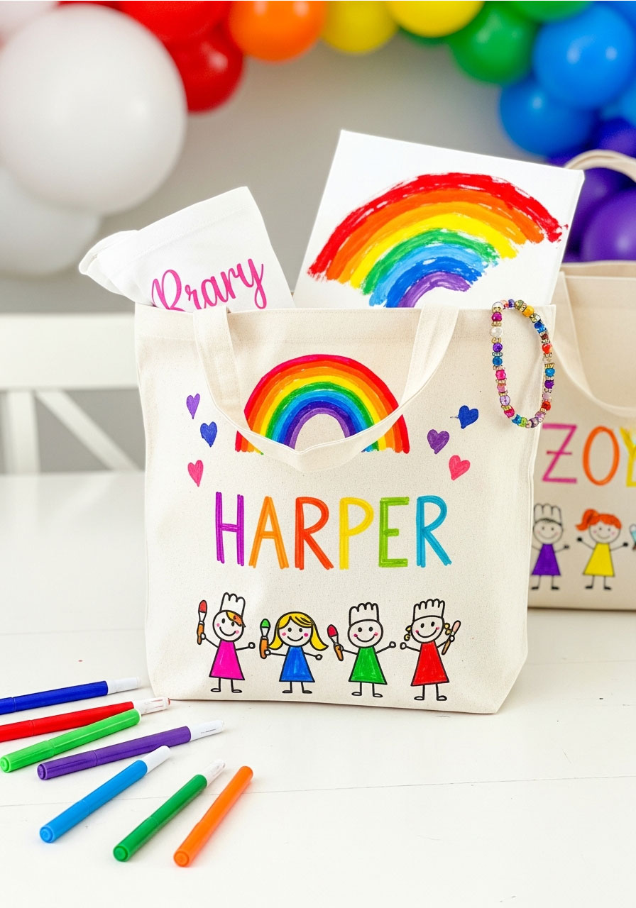 Decorated canvas tote bags filled with art party favors including personalized apron, painted canvas, and beaded jewelry