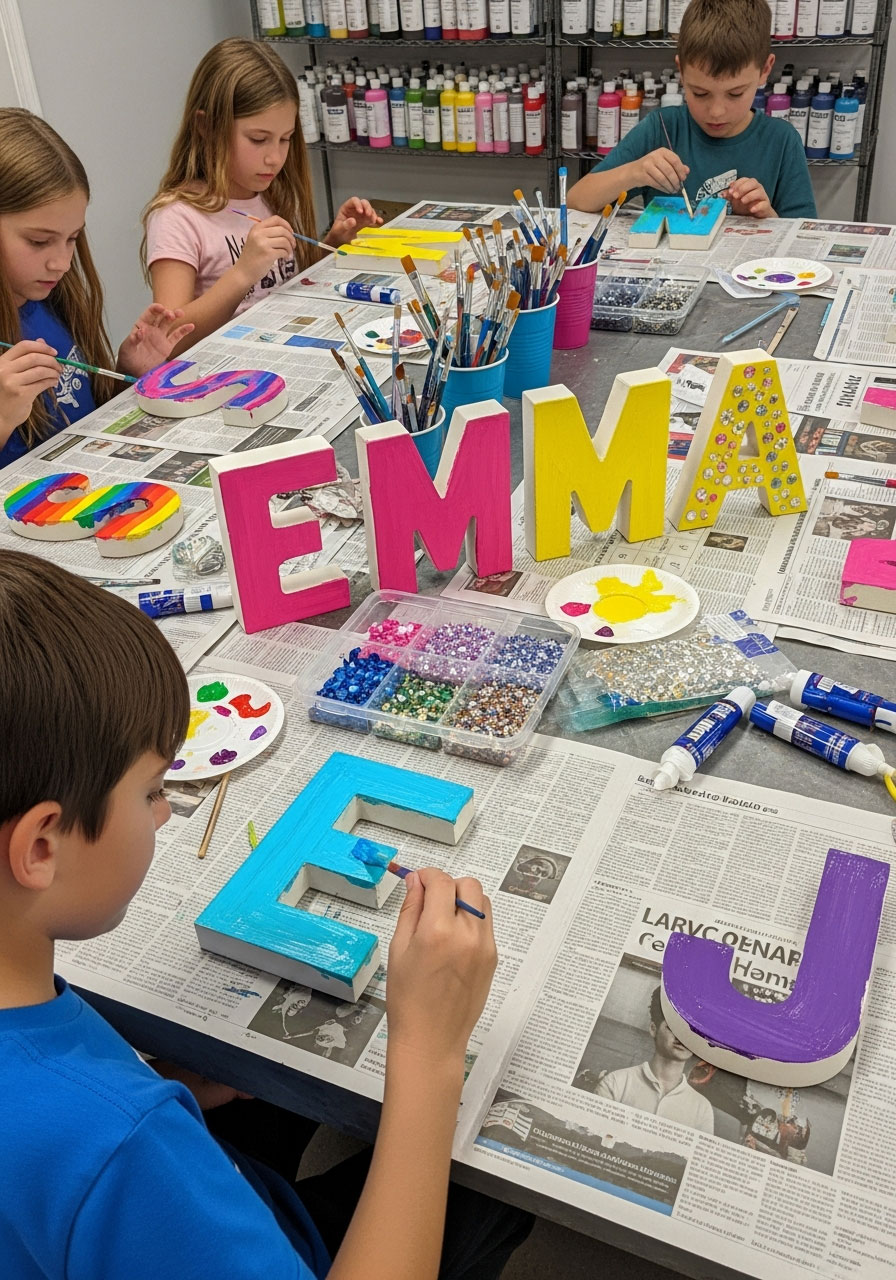 Children painting and decorating large wooden letter party favors with acrylic paint and gems at organized craft stations