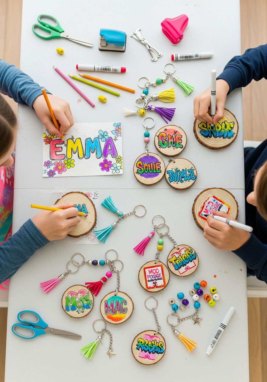Tweens creating personalized name keychains with shrink plastic and painted wood at birthday party craft activity