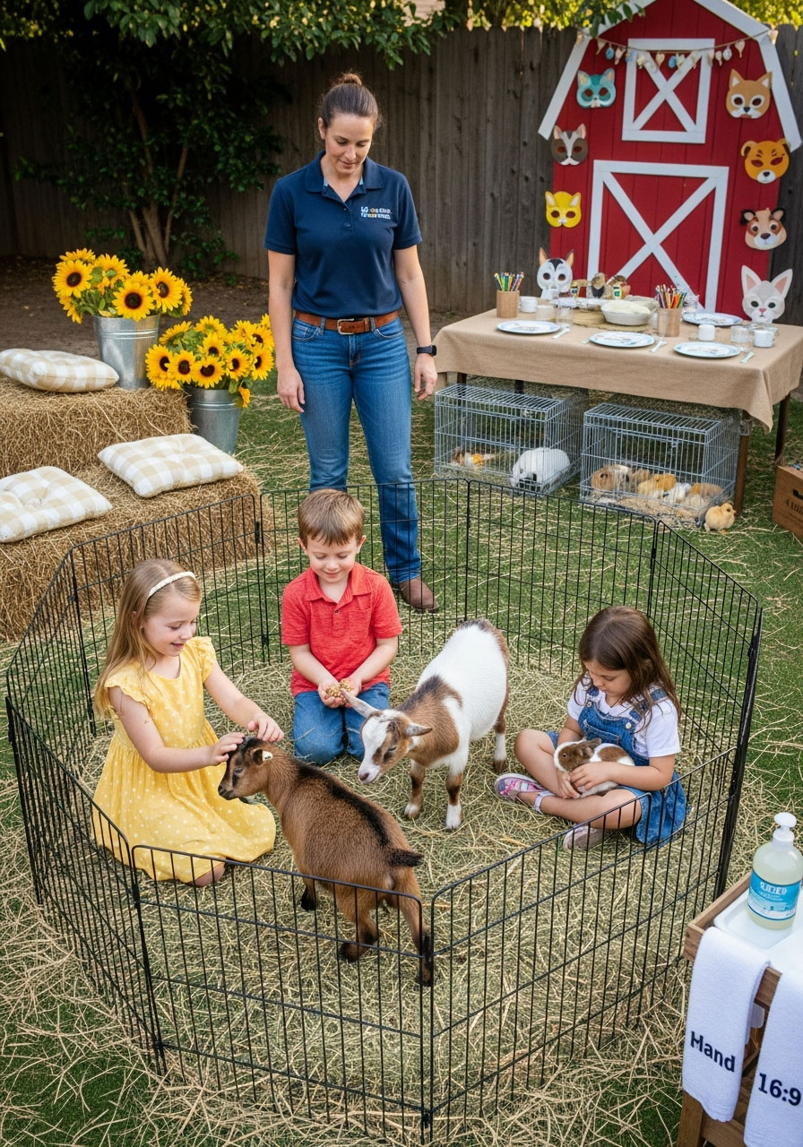 Children petting goats and holding bunnies at outdoor birthday petting zoo party with professional handler in backyard