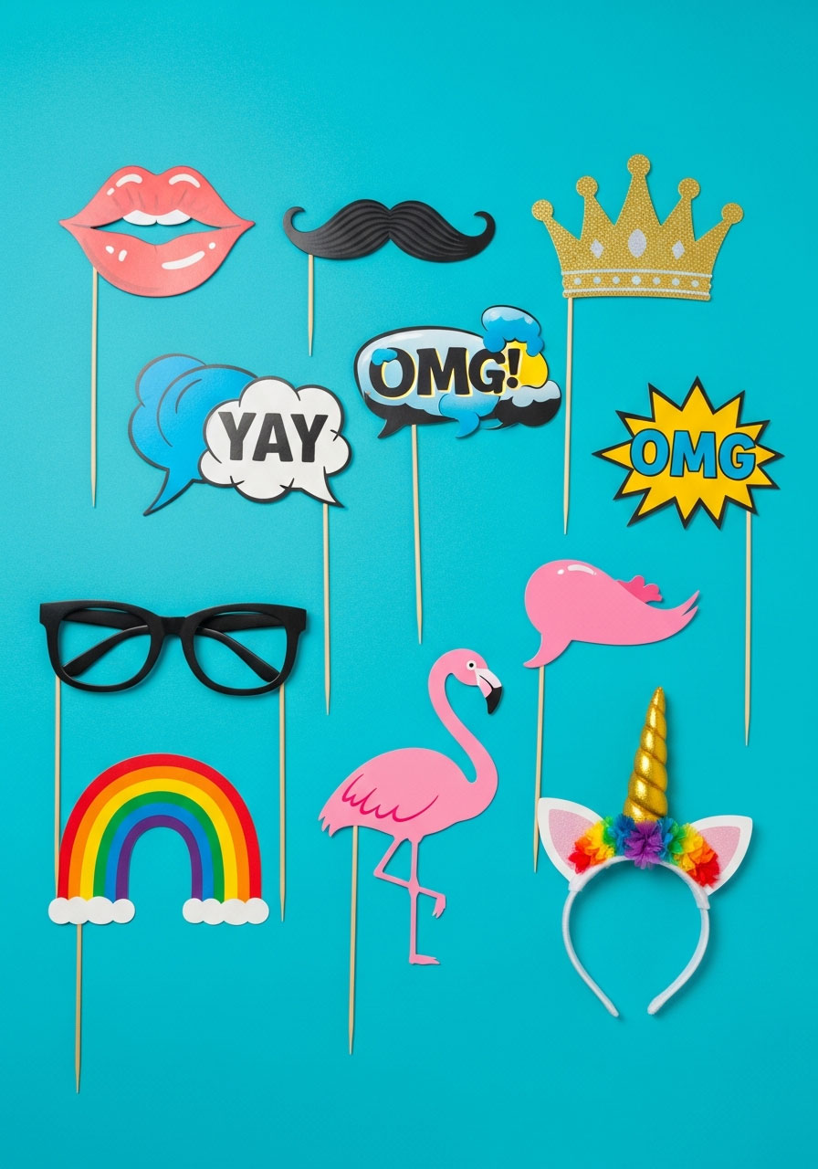 DIY photo booth props set including lips, mustaches, crowns and speech bubbles - fun birthday party entertainment accessories