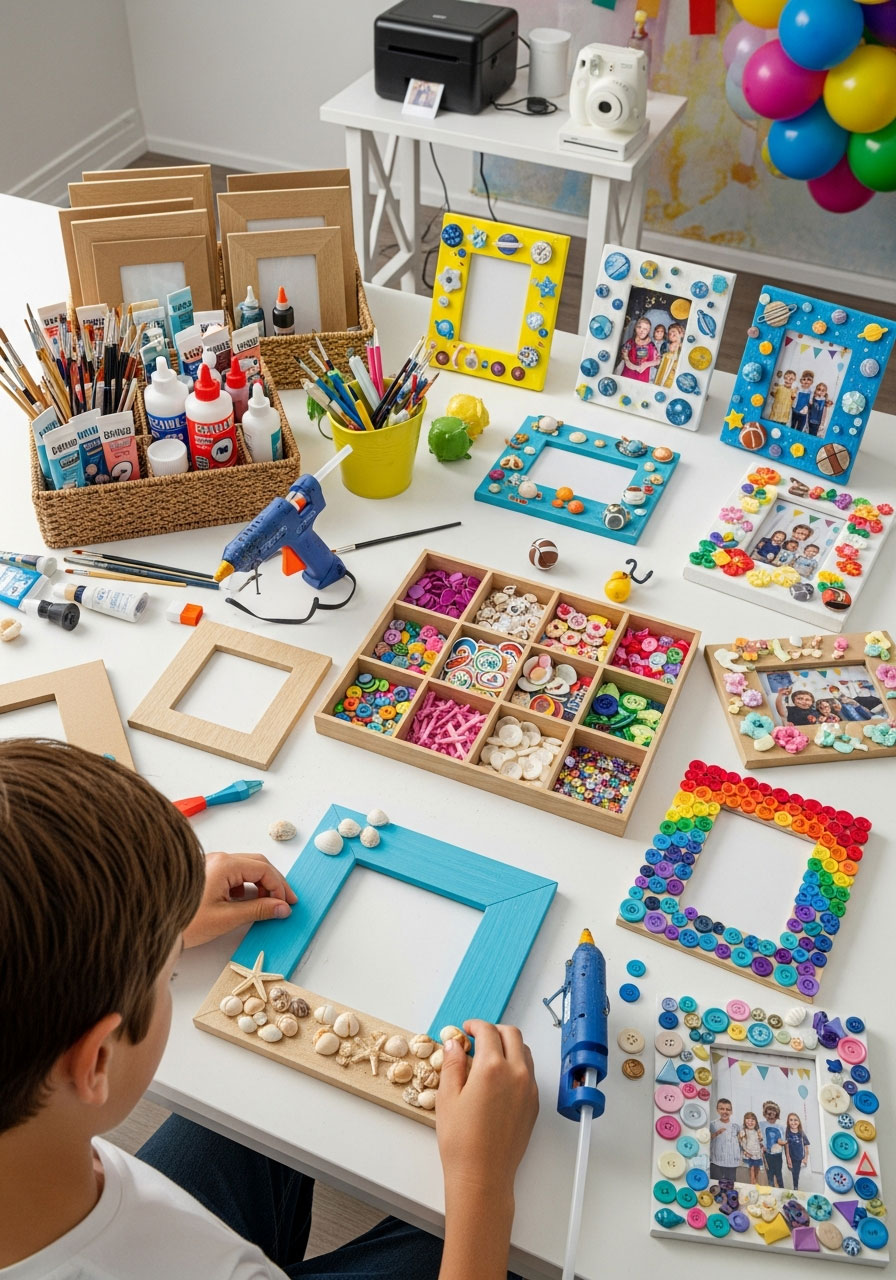 Boy decorating wooden photo frame with seashells at birthday