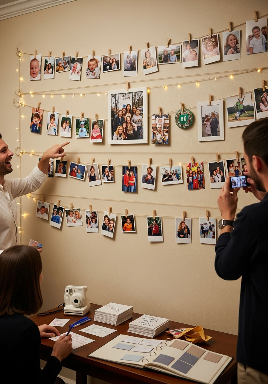 Photo memory wall birthday party with timeline display, clothespin hanging system, Polaroid station, and guests sharing memories