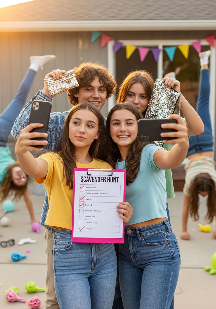 Group of teenagers working together on photo scavenger hunt challenge at Sweet 16 birthday party