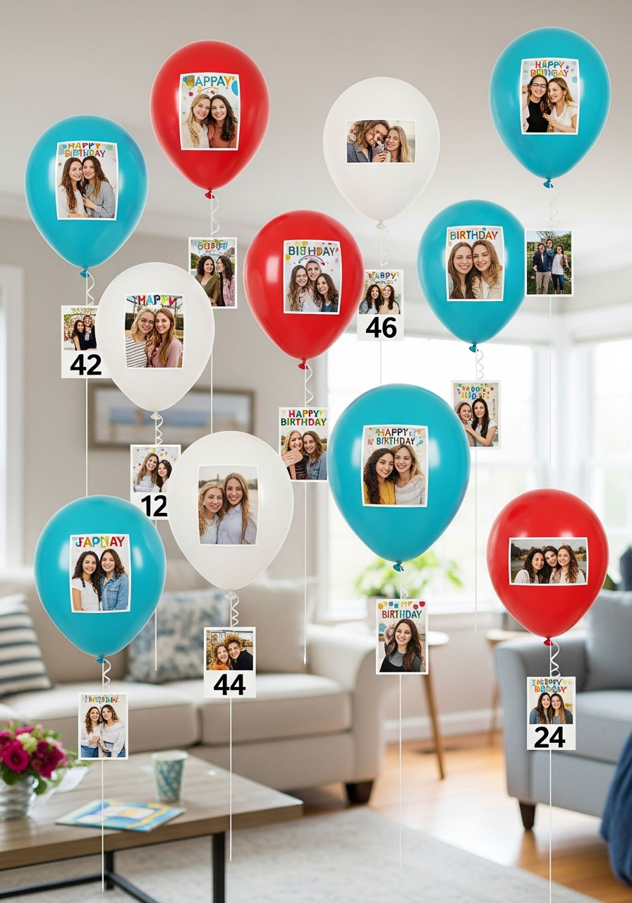 Creative display of memory photos hanging from strings attached to balloons at 18th birthday party