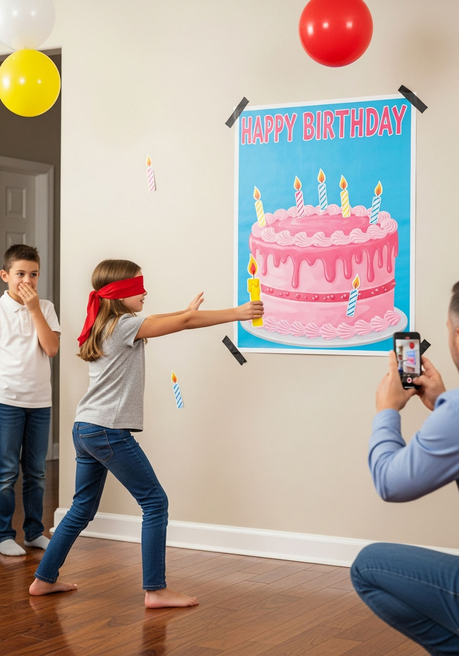 Blindfolded child playing pin the candle on the cake birthday game with paper cutout approaching poster on wall