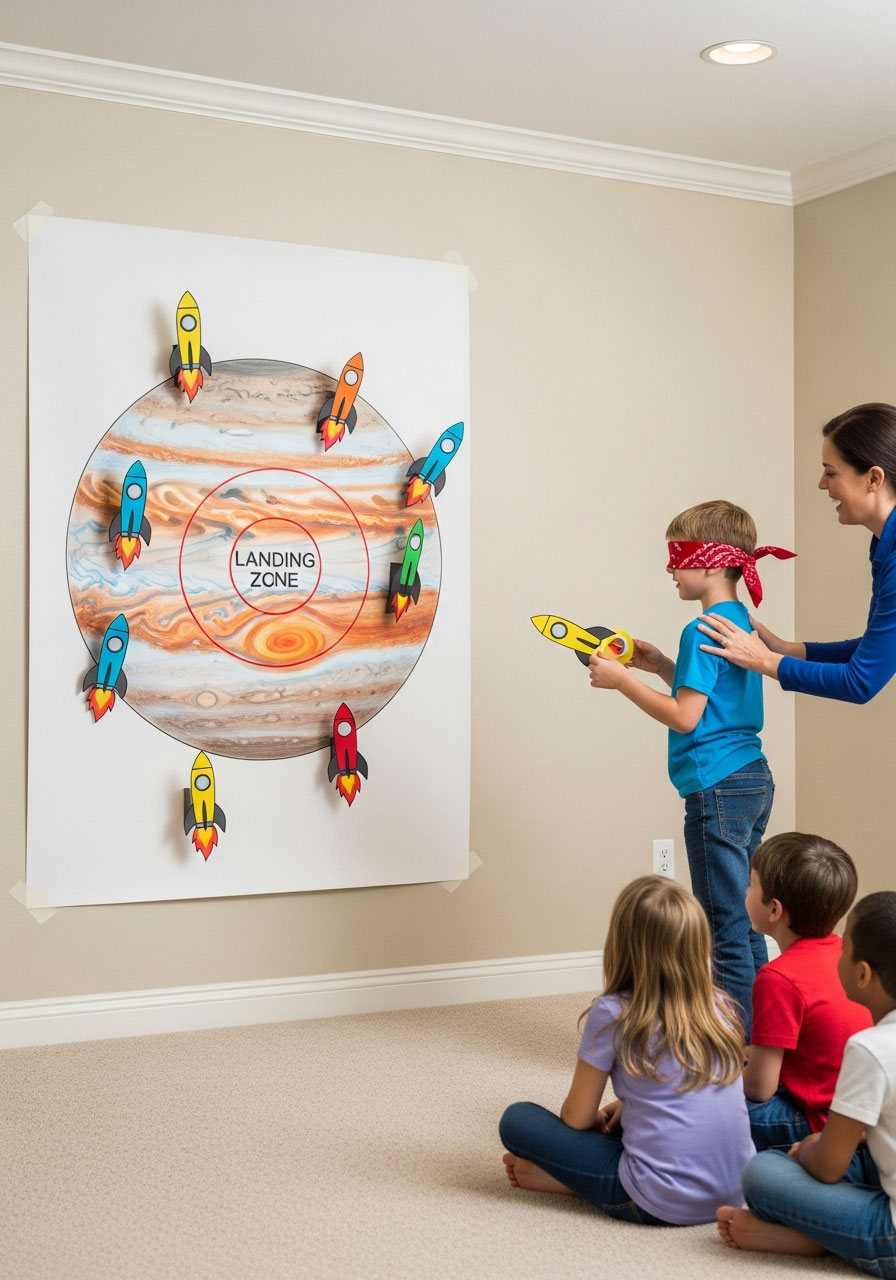 Blindfolded child playing pin the rocket on the planet party game with colorful paper rockets on Jupiter poster