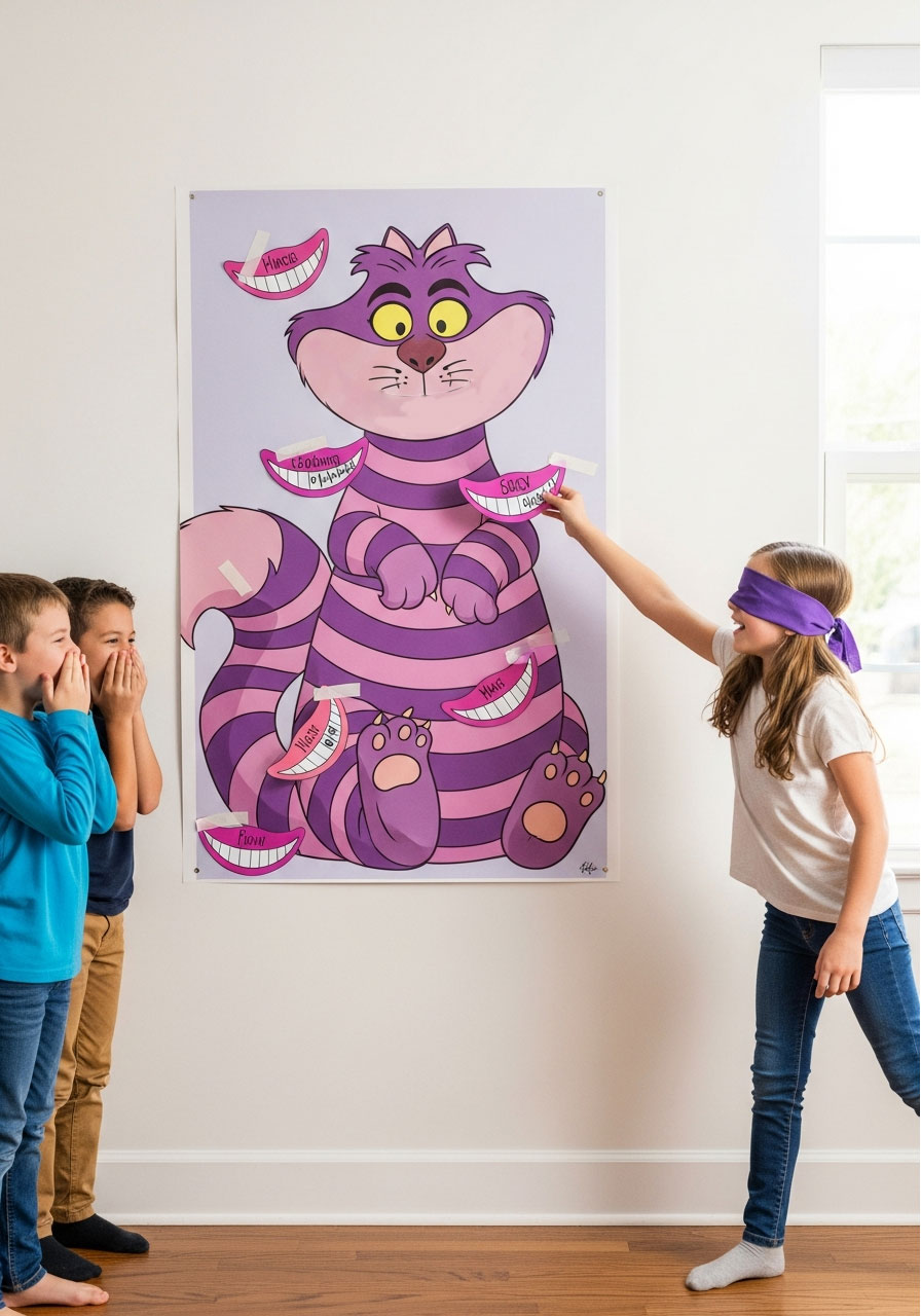 Children playing Pin the Grin on the Cheshire Cat game with blindfolded girl at Alice in Wonderland birthday party