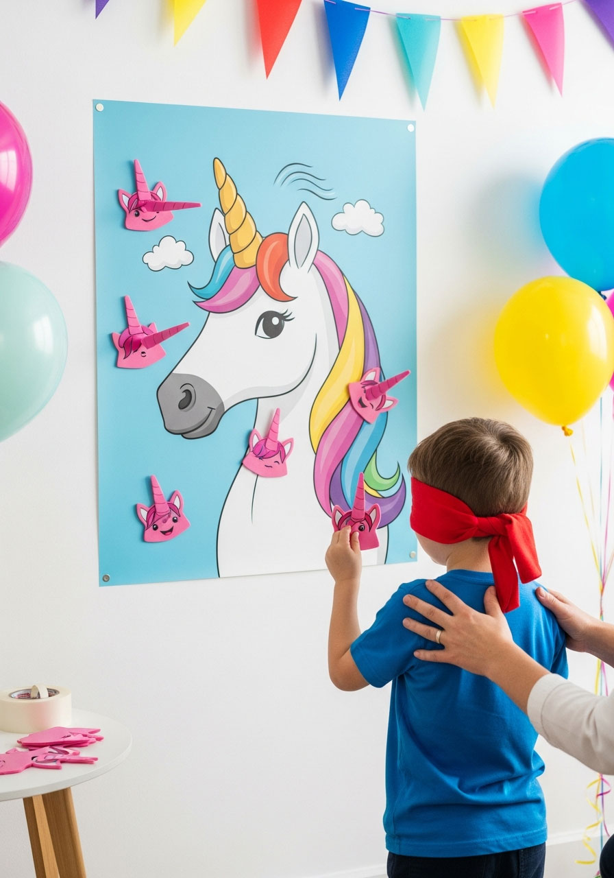 Blindfolded toddler playing pin the horn on unicorn themed party game at birthday celebration