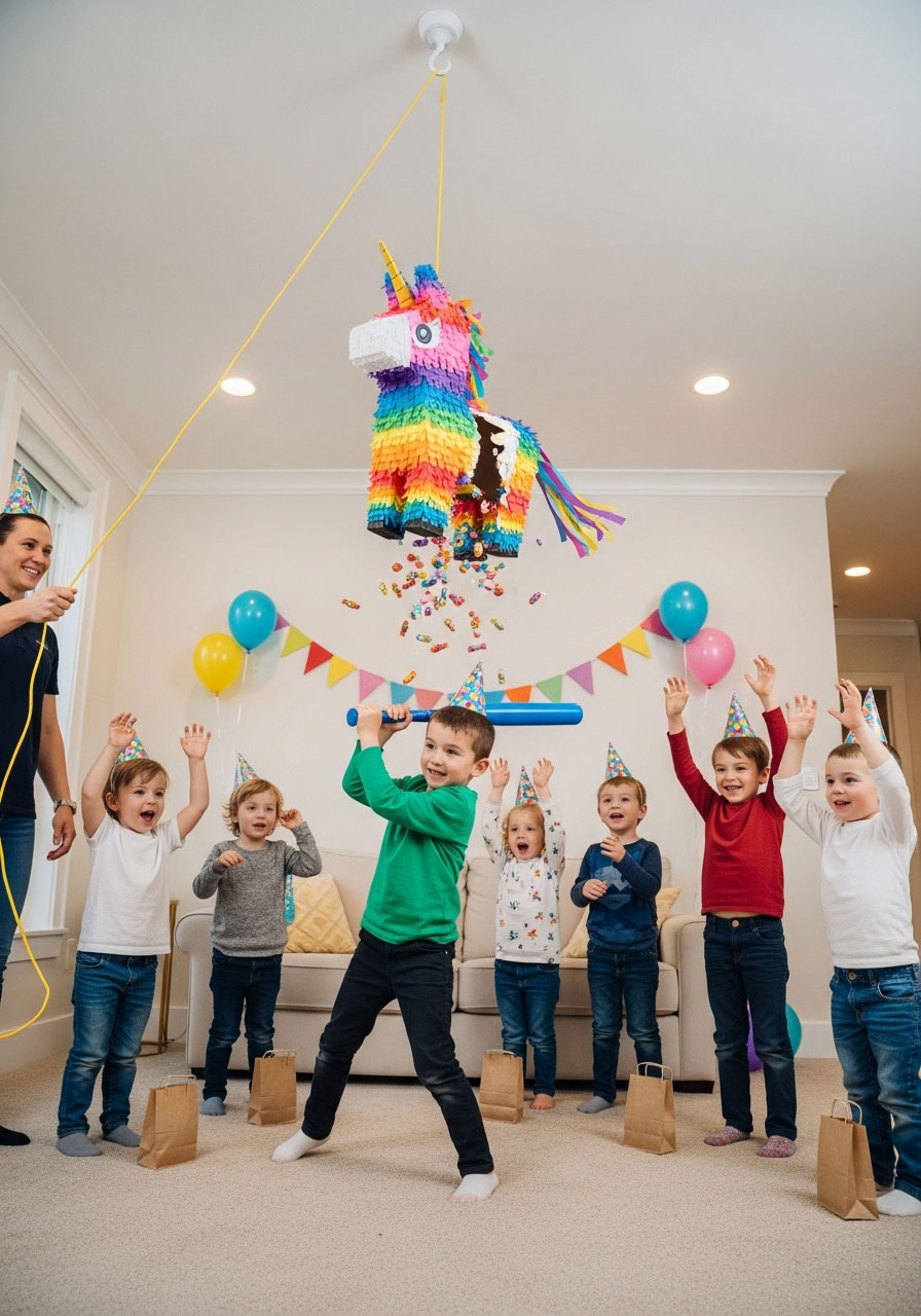 Toddler hitting colorful unicorn piñata with bat as candy spills at birthday party finale