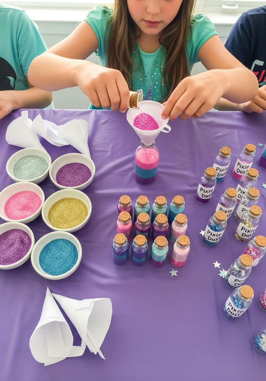 Child pouring colorful glitter layers into small glass bottle to create pixie dust party favor at fairy-themed birthday party