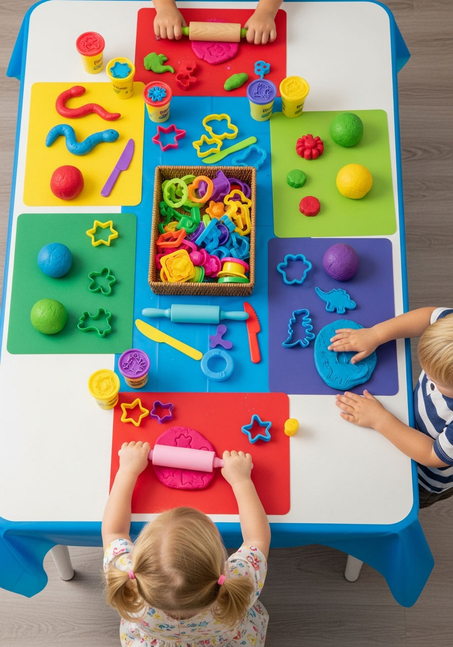 Toddlers creating with colorful play dough and tools at birthday party craft station