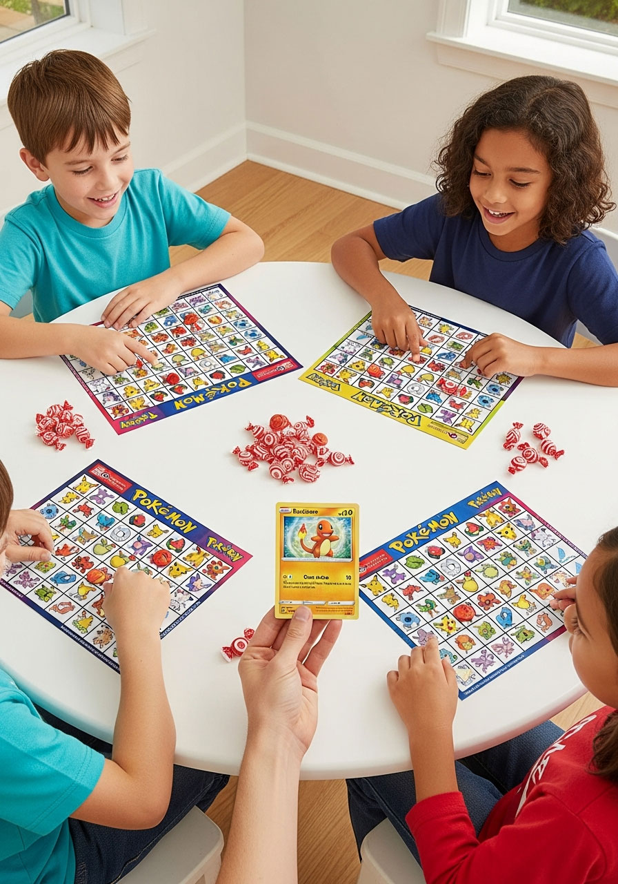Pokemon Bingo game in progress with children marking cards using candy pieces while adult calls out Pokemon characters