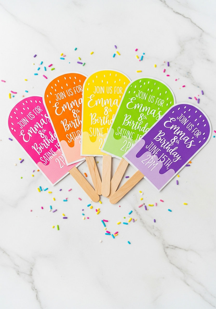 Colorful DIY popsicle-shaped birthday party invitations in five flavors with wooden sticks and party details - easy homemade invitation idea