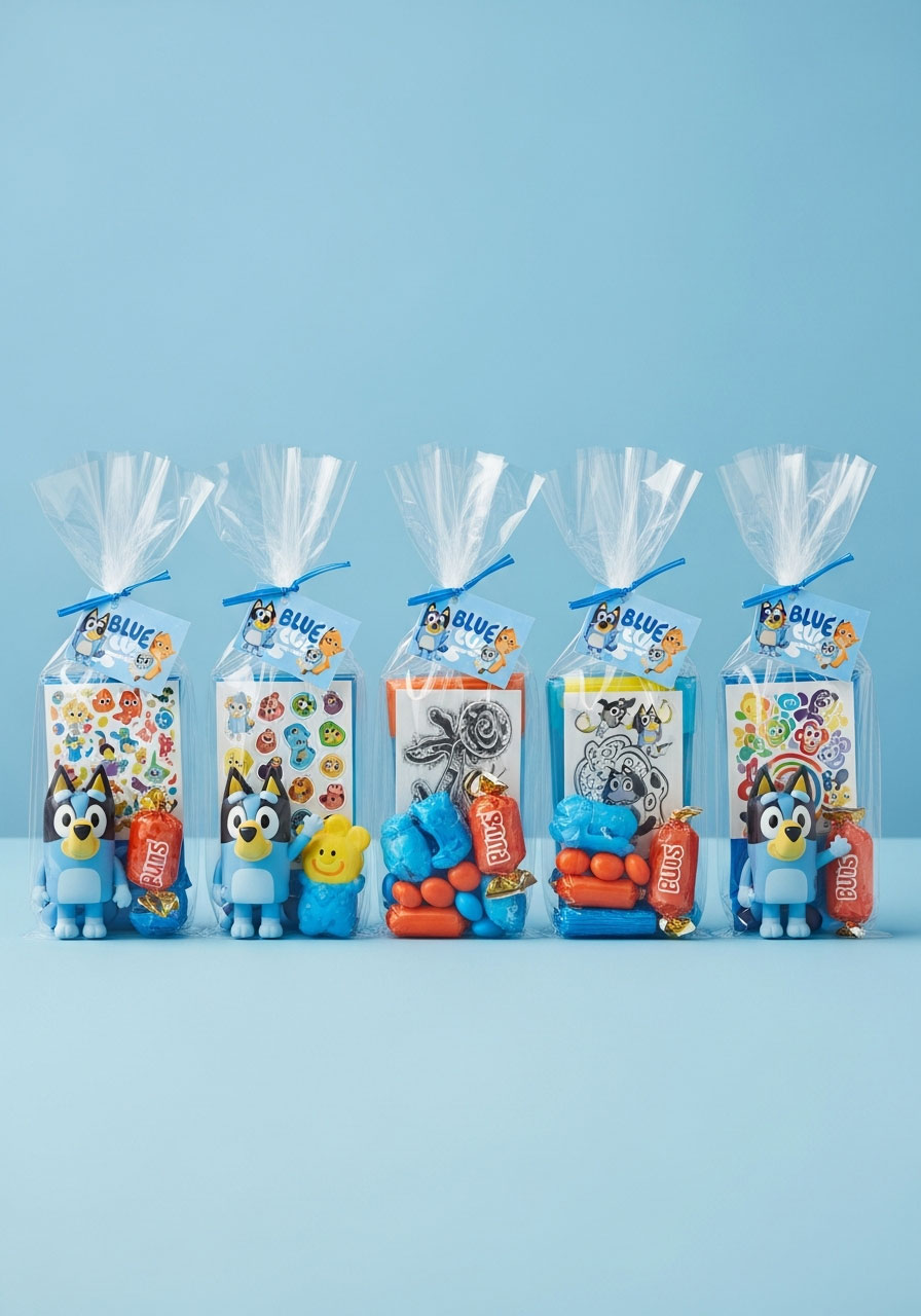 Pre-made Bluey party favor bags filled with toys, stickers, and treats for birthday party guests