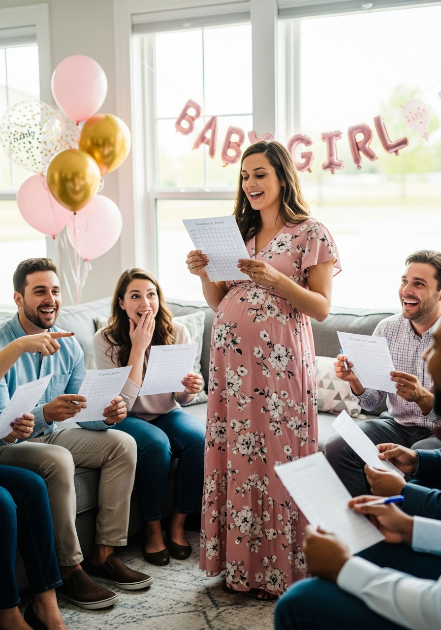 Pregnant mom-to-be revealing Who Knows Mommy Best answers to guests at baby shower celebration