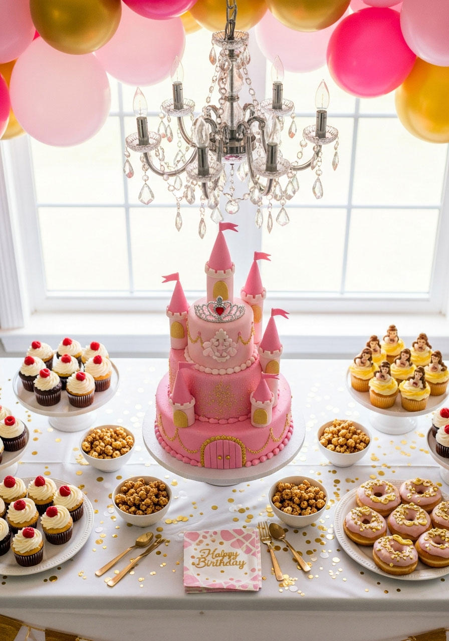Elaborate princess castle birthday cake surrounded by themed desserts including cupcakes and donuts on decorated party table with balloon garland