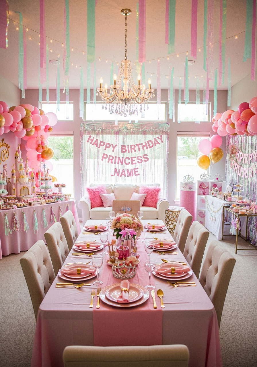 Fully decorated living room with princess party dessert table, dining setup, and activity stations with pink and gold theme