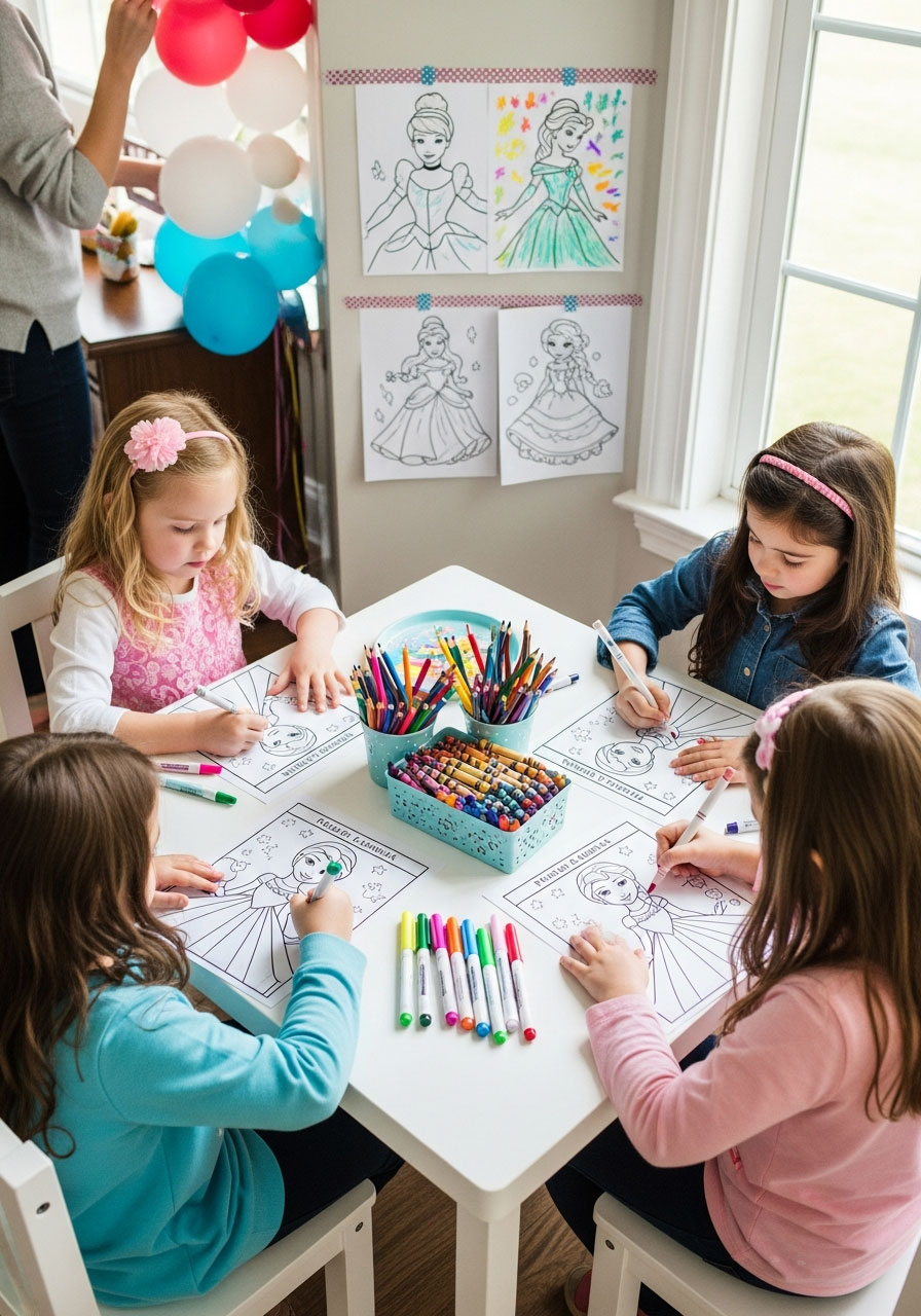 Young girls sitting at table coloring princess themed pages with crayons and markers at birthday party station