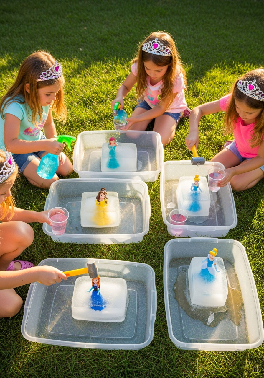 Girls using spray bottles and warm water to rescue frozen princess toys from ice blocks during outdoor birthday party