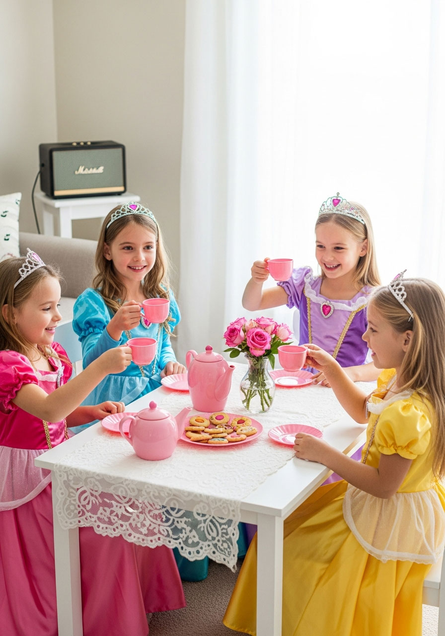 Four young girls in colorful princess dresses having tea party at decorated table with toy tea set and cookies