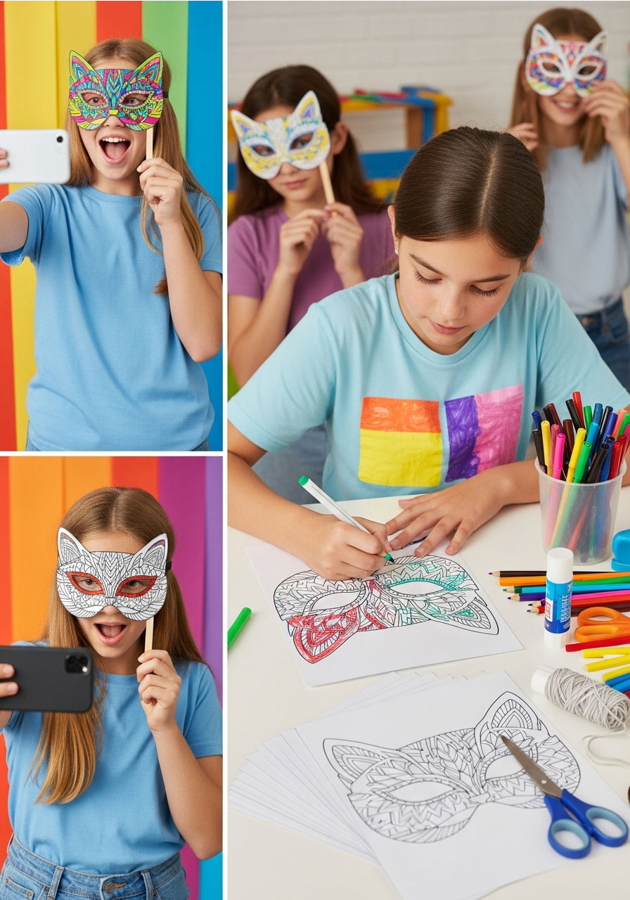 Tweens coloring and creating printable cat masks for photo booth fun at birthday party
